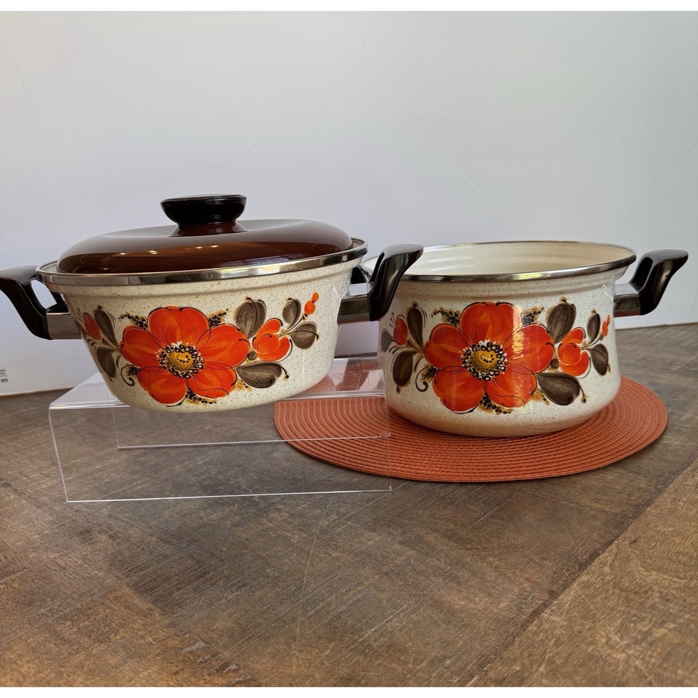 Vintage Sanko Show Ware  Enamel Orange Poppy Set Of 2 Stock Pot/ Dutch Oven